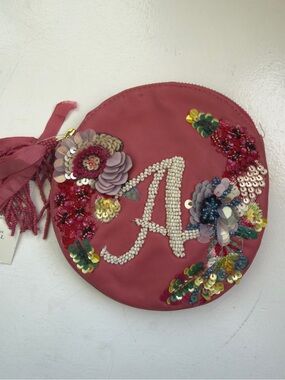 Anthropologie Pink Beaded Floral 'A' Round leather Pouch